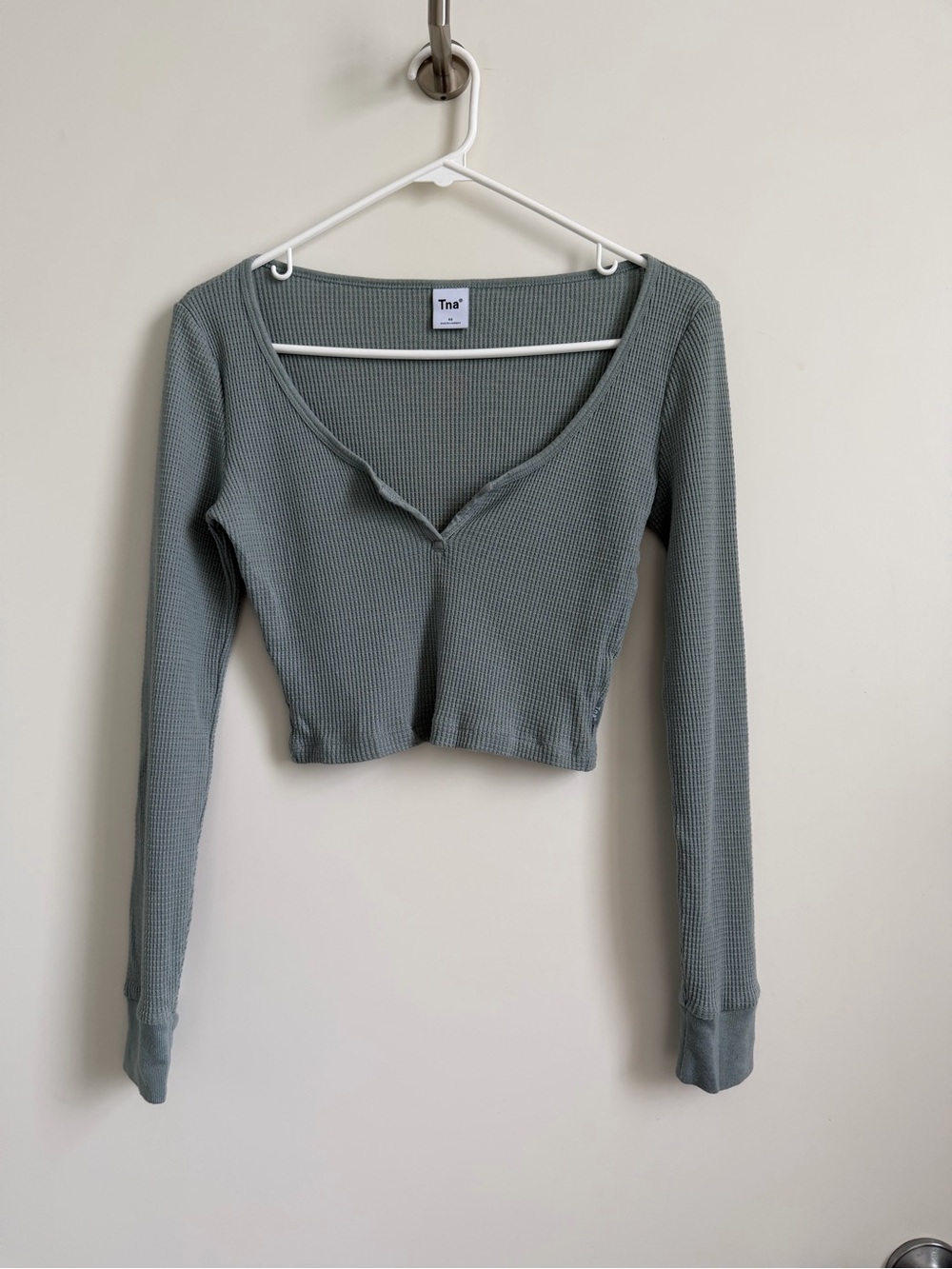 TNA Sage Green Ribbed Long-Sleeve Crop Top